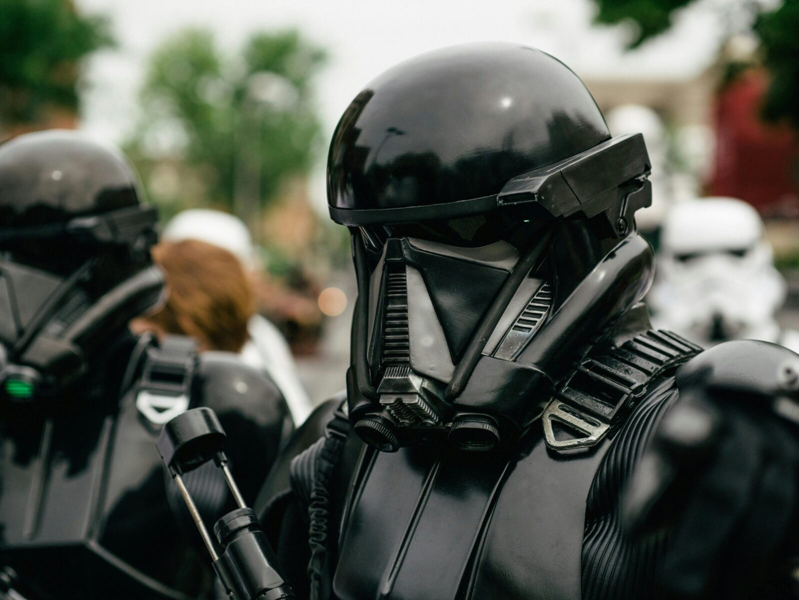 Detailed shot of a person in a Star Wars stormtrooper costume at a cosplay event.